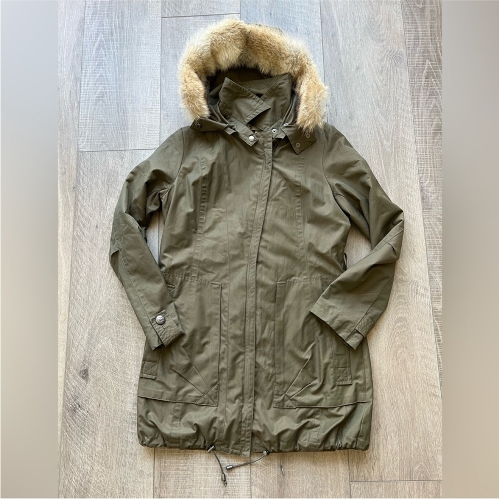 Trina Turk Belted Anorak Jacket with Hood in Olive Green Size Medium - Picture 2 of 7